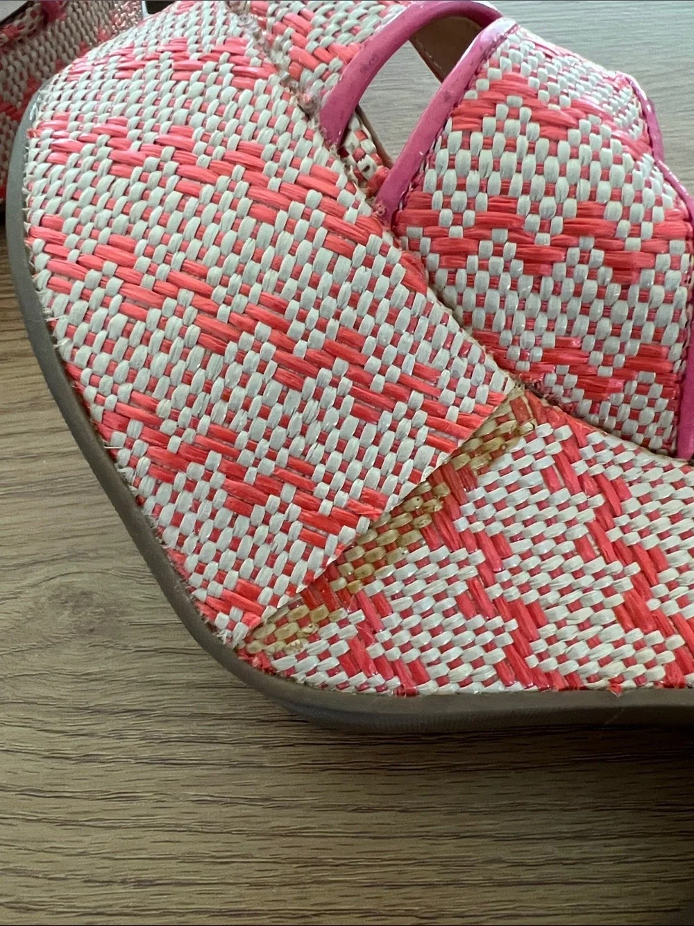 NWOB Madden Girl Coral & Cream Woven Platform Wedges with Ankle Strap